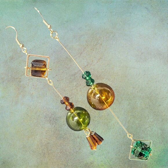 Original Blown Bubble Glass Dangle Earrings Women Fashion Goldtone Earth Tones - Picture 9 of 12